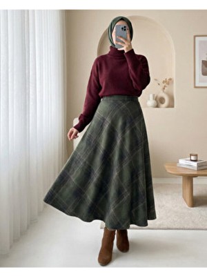 Modamorfo Ekose Desenli Yanı Fermuarlı Kaşe Çan Etek -Haki