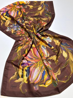 Çikolata Siyane Scarf Zambak Desen Pamuklu Şal