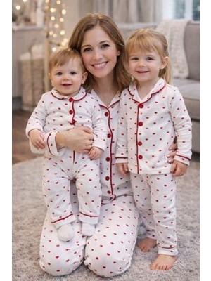 Lino Baby Anne Çocuk Kombin Minik Kalp Baskılı Tam Kalıp %100 Pamuk Kuruveze Yakalı Anne Çocuk Pijama Takımı