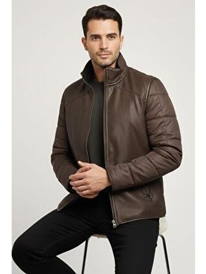 Deriderim Kahve James Yaka Kürk Arka Beden ve Kollar Kapitone Kumaş Fermuarlı Astarsız Erkek Hakiki Deri Mont