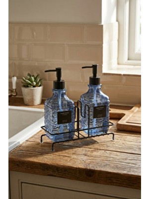 Makri Home Modern Kabartma Desenli Cam Ikili Sıvı Sabunluk & Deterjanlık Seti, Mavi - 500 ml Cam Sabunluk