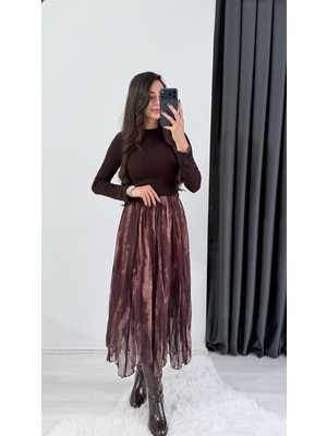 Harle Kahve Etnik Desenli Maxi Asimetrik Etek