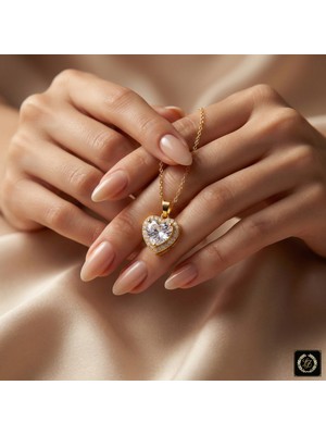 Stainless Steel 316L Çelik Gold Renk Beyaz Zirkon Taşlı Kalp Kolye