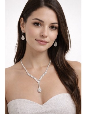 KLC Takı Kadın Takı Abiye Gelin Zirkon Taşlı Su Yolu Kolye Küpe Seti