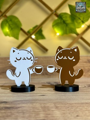 ARKlife 3D Electronic Dekoratif Kahve Köşesi Aksesuarı Kahve Içen Sevimli Çift Kedi Figürü 12CM Hediyelik