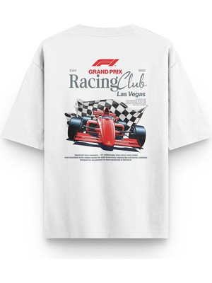 Overoz Las Vegas Racing Club Sırt Baskılı Yarı Oversize Beyaz Tshirt 1412