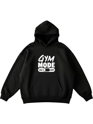 Machi Gym Mode On/off Baskılı Siyah Kapüşonlu Sweatshirt - Unisex Oversize Fitness Spor Salonu Için Hoodie