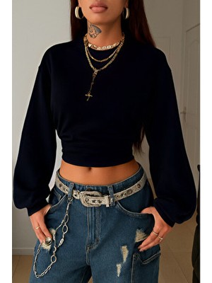 Tarz Cool Kadın Siyah Bisiklet Yaka Belden Oturtmalı Tasarım Sweatshirt