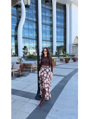 Harle Kahve Ekoseli Fırfırlı Kat Kat Kemerli Etek