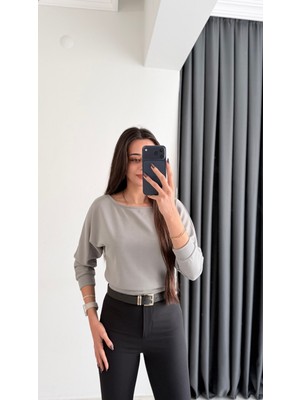 Avena Oysh Modal Kayık Yaka Likralı Bluz Gri