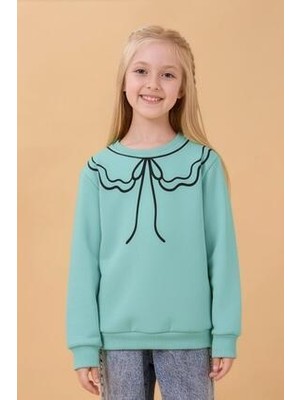 Perendi Kız Çocuk Bisiklet Yaka Baskılı Şardonlu Kışlık Sweatshirt - Çağla