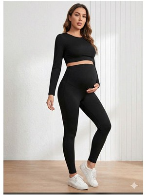 Siyah Yüksek Bel Şardonlu Hamile Tayt