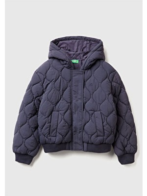 United Colors Of Benetton Kız Çocuk Koyu Gri Logo Işlemeli Kapitone Fermuarlı Nervürlü Kapüşonlu Ceket