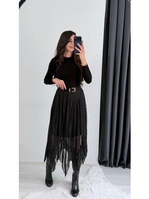 Harle Siyah Taşlı Maxi Asimetrik Etek