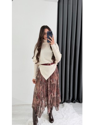 Harle Bordo Şal Desenli Maxi Asimetrik Etek