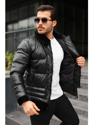 Kadın Slim Fit Siyah Exclusive Düğme Detaylı Deri Şişme Mont Kış Sezonuna Uygun Tasarım