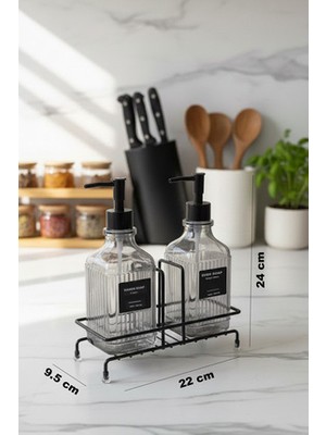 Makri Home Modern Çizgili Desenli Cam Ikili Sıvı Sabunluk & Deterjanlık Seti, Siyah- 500 ml Cam Sabunluk
