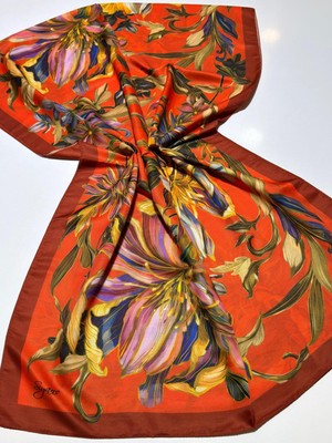 Orange Siyane Scarf Zambak Desen Pamuklu Şal