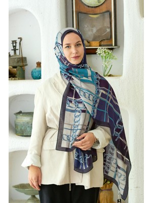 Koyu Lacivert Loryan Scarf Diamond Ekose Zincir Şal