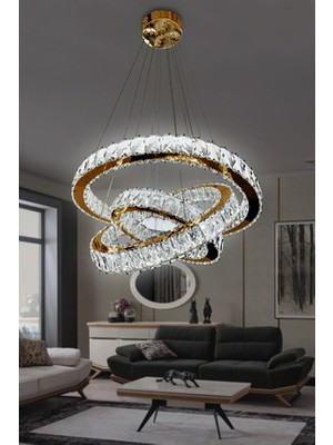 3 Katlı Kristal Taşlı Modern LED Avize
