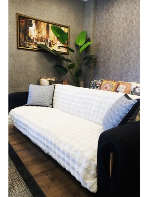 Dekomod Peluş Koltuk Örtüsü Şalı Pofuduk Bubble Beyaz Çok Amaçlı Baklava Desen 170X210 cm