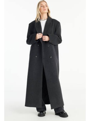 Ted Baker Antrasit Yünlü Oversize Kruvaze Uzun Yünlü Palto