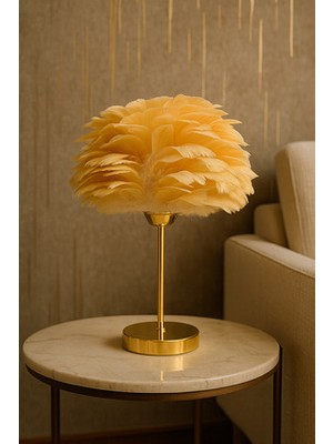 Evlight Modern Sarı Tüylü Abajur Metal Malzemeden Yatak Odası Aydınlatma İçin Şık Tasarım