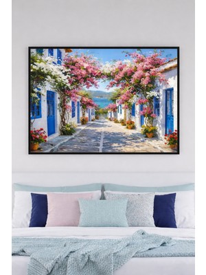 Safir Design Akdeniz Rüyası: Çiçekli Beyaz Sokak Manzarası Çerçeveli Tablo