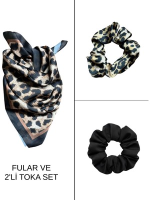 Tarzını Seç Kadın Dijital Baskılı Leopar Fular & Simit Toka Seti – 1 Fular (48×48 Cm) + 2 Simit Toka
