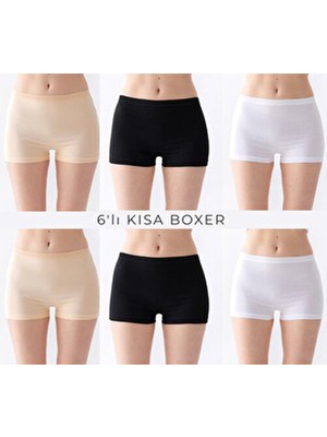 Olizza Kadın Boxer Külot 6'lı Pamuklu Likralı Yüksek Bel Iç Çamaşır (Siyah Beyaz Ten Her Renk 2 Adet)