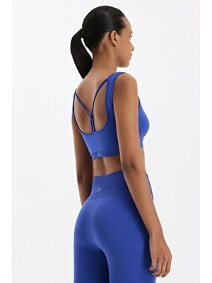COMEUP Sırtı Askı Detaylı Pedli Sporcu Sütyeni Kadın Cobalt Düz Desenli Nefes Alabilir Kumaş