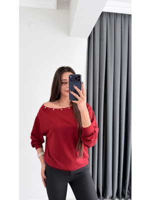 Rosa Oysh Kuşgözü Detaylı Kayık Yaka Bluz Bordo