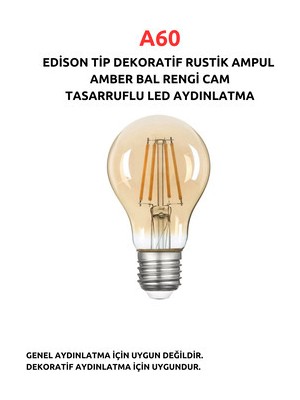 Fujika A60 Amber Bal Rengi Cam LED Ampul E-27 Duy Tipi Dekoratif Rustik Aydınlatma