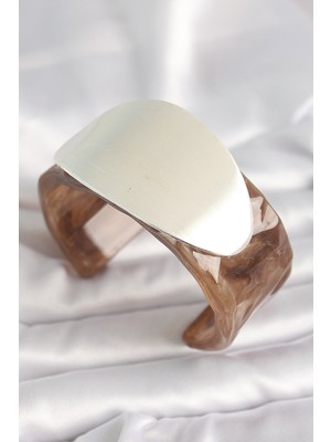 Kahverengi Mermer Desen Akrilik Plastik Gümüş Oval Plaka Model Vintage Kadın Bilezik EB-53-VICE/(1395) 4083