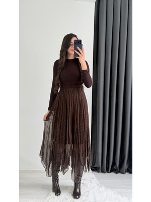 Seda Unlu Butik Harle Kahverengi Taşlı Maxi Asimetrik Etek