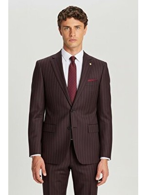 Sabri Özel Bordo Slim Fit Çizgili Mono Yaka Takım Elbisesuıt