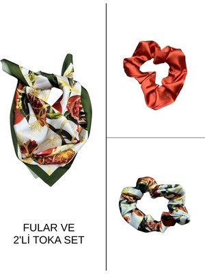Tarzını Seç Kadın Dijital Baskılı Nar Fular & Simit Toka Seti – 1 Fular (48×48 Cm) + 2 Simit Toka