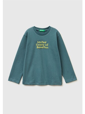 United Colors Of Benetton Erkek Çocuk Gri-Yeşil Önü Logo Baskılı Uzun Kollu T-Shirt