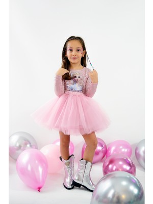 Duca Uzun Kollu Bodyli Tütülü Kız Çocuk Elbisesi-Buzlar Prensesi Baskılı