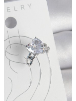 Belle Fusion Mey Ithalat® Pirinç Gümüş Renk Zirkon Taşlı Kalp Model Kadın Kıkırdak Küpe