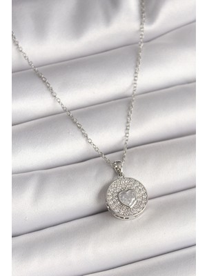 Belle Fusion Mey Ithalat® 316L Çelik Gümüş Renk Zincir Zirkon Taşlı Kalp Işlemeli Madalyon Model Kadın Kolye