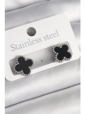 Belle Fusion Mey Ithalat® 316L Çelik Gümüş Renk Siyah Yonca Model Kadın Küpe