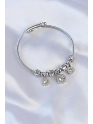 Belle Fusion Mey Ithalat® 316L Çelik Gümüş Renk Zirkon Taşlı Model Charm Bileklik