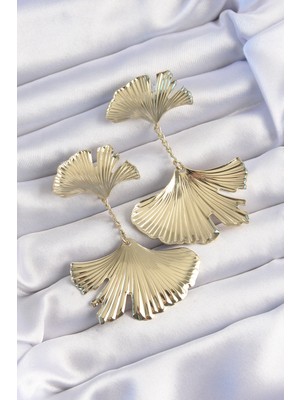 Belle Fusion Mey Ithalat® Pirinç Gold Renk Tırtıklı Yaprak Model Sallantılı Küpe