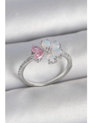 Belle Fusion Mey Ithalat® Pirinç Gümüş Renk Beyaz Mineli Pembe Zirkon Taşlı Çiçek Model Kadın Yüzük