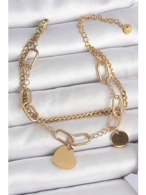 Belle Fusion Mey Ithalat® 316L Çelik Gold Renk 2'li Zincir Model Sallantı Kalp Figür Kadın Bileklik