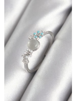 Belle Fusion Mey Ithalat® Pirinç Gümüş Renk Zirkon Taş Detaylı Beyaz Sedefli Çiçek Model Kadın Yüzük