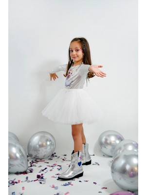 Duca Uzun Kollu Bodyli Tütülü Kız Çocuk Elbisesi-Buzlar Prensesi Baskılı