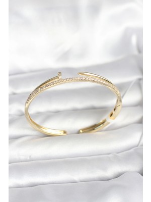 Belle Fusion Mey Ithalat® Pirinç Gold Renk Zirkon Taşlı Çivi Model Kadın Kelepçe Bileklik