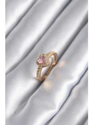 Belle Fusion Mey Ithalat® Pirinç Gold Renk Pembe Zirkon Taş Kalp Charm Model Kadın Yüzük
